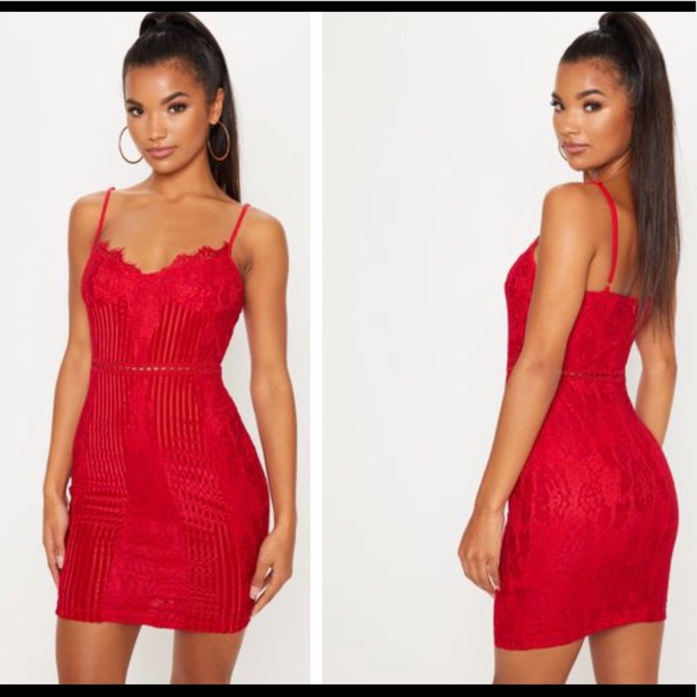 Pretty Little Thing Red Velvet Lace Bodycon Dress